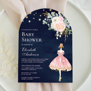 Rosa guld blommig ballerinabåge marinblå baby show inbjudningar