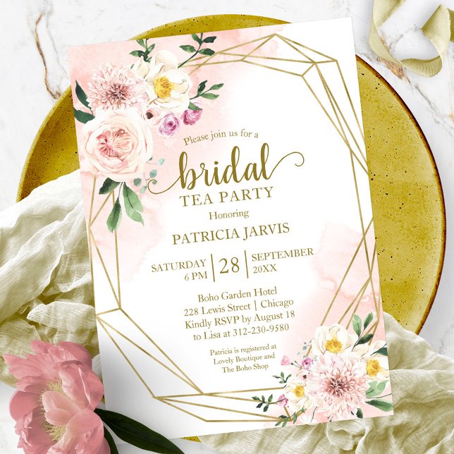 Rosa Guld Blommig Bröllopsdusch Te Party Inbjudningar (Skapare uppladdad)