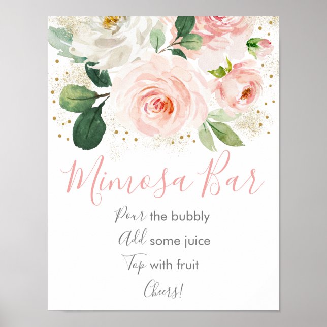 Rosa guld blommig bröllopsmimosa-bar poster (Framsidan)
