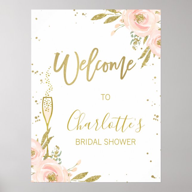 Rosa Guld Blommig Brunch Bröllopsdusch Välkommen Poster (Framsidan)