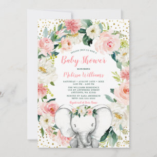 Rosa Guld Blommig Elefant Tjej Bebis Shower Inbjudningar