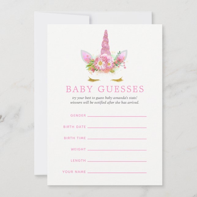 Rosa & Guld Blommig Enhörning Flicka Baby Gissning (Framsida)