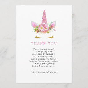 Rosa & Guld Blommig Enhörning Flicka Baby Shower T Tack Kort
