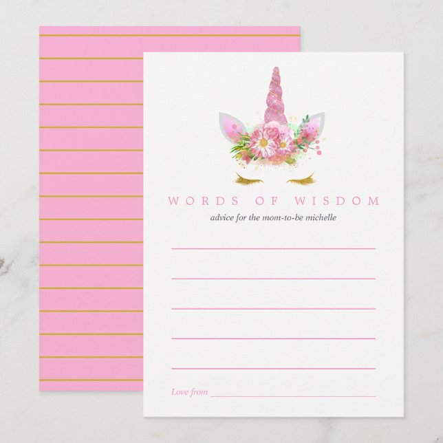Rosa & Guld Blommig Enhörning Flicka Barnkalas Råd Inbjudningar (Fram/baksida)
