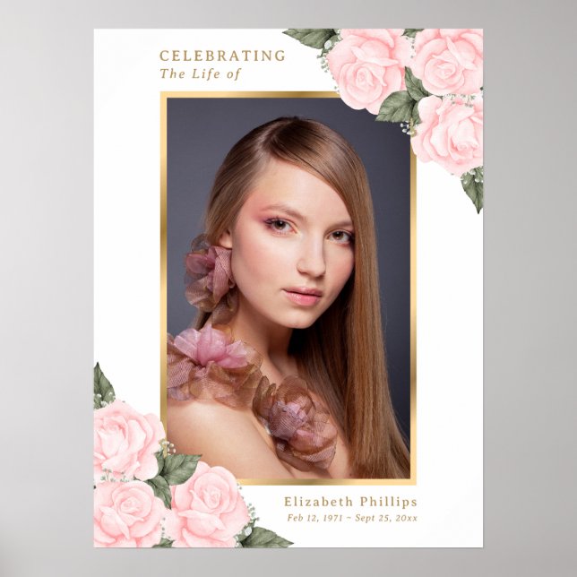 Rosa guld blommig foto minnestavla begravnings sky poster (Framsidan)