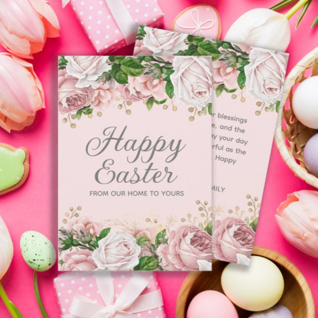 Rosa Guld Blommig Glad Påsk Julkort (Pink roses/floral "Happy Easter" greeting card)