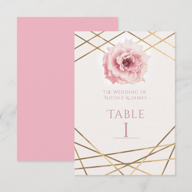 Rosa & Guld Blommig Glam Bordsnummerkort Inbjudningar (Fram/baksida)