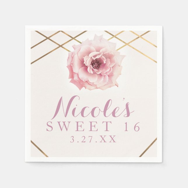 Rosa & Guld Blommig Glam Bröllopsfest Pappersservett (Framsidan)