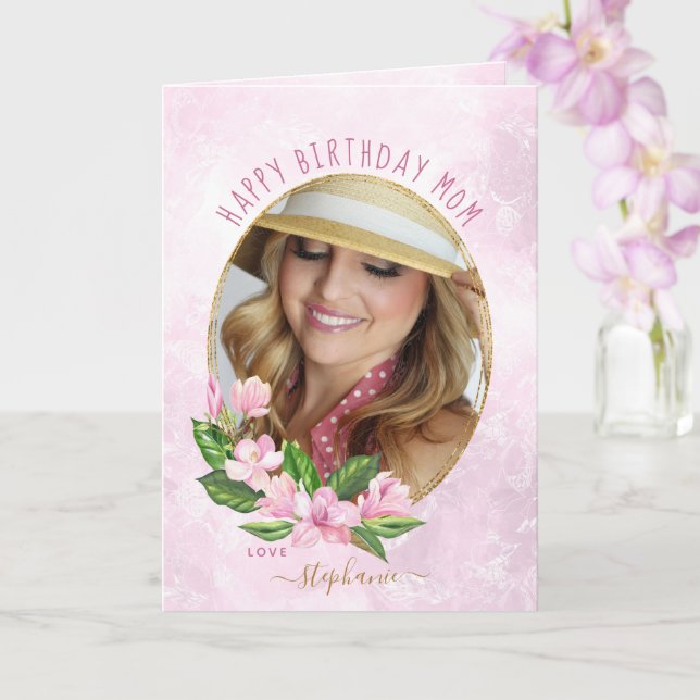 Rosa guld blommig krans Anpassad foto födelsedag Kort (Orkide)