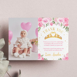 Rosa Guld Blommig Krona Prinsessa Födelsedag Tack Kort