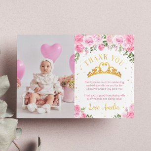 Rosa Guld Blommig Krona Prinsessa Födelsedag Tack Kort