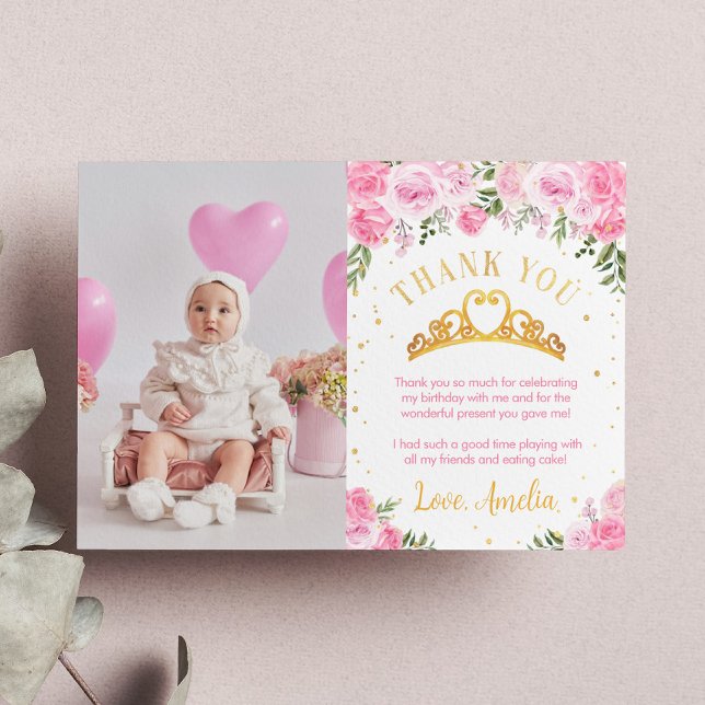 Rosa Guld Blommig Krona Prinsessa Födelsedag Tack Kort (Skapare uppladdad)