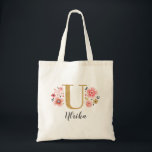 Rosa Guld Blommig Monogram Bokstav "U" Tygkasse<br><div class="desc">En vacker,  feminin monogrammerad rosa blomsterhandväska med rosa blommor och en falsk guldmonogram bokstav "U". Personalisera handväskan genom att lägga till ditt namn under monogrammet. Gör en rolig present till en vän eller en brudtärna present. Designad för dig av Blackberry Boulevard.</div>