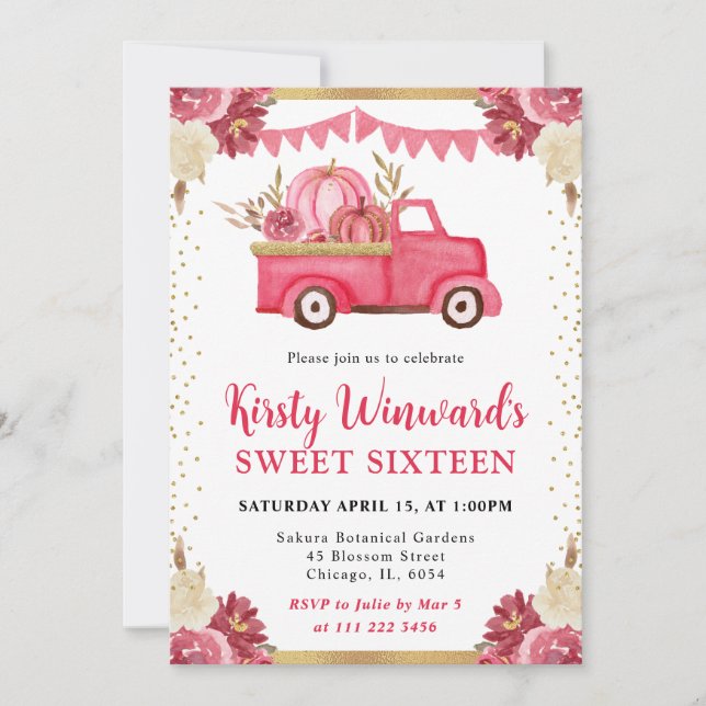 Rosa Guld Blommig Pumpa Lastbil Höst Sweet 16 Inbjudningar (Framsida)