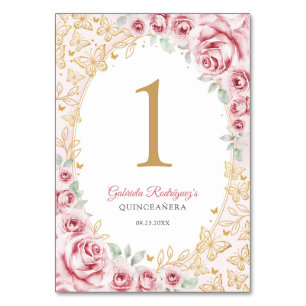 Rosa Guld Blommig Quinceanera Bordsnummer