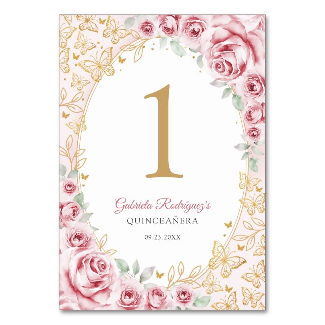 Rosa Guld Blommig Quinceanera Bordsnummer (Framsidan)