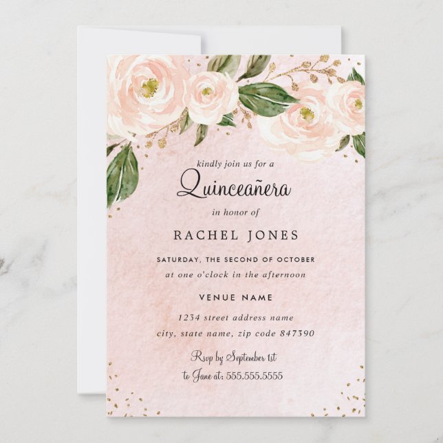 Rosa guld blommig Quinceanera födelsedag Inbjudningar (Framsida)