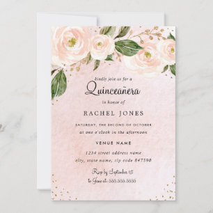 Rosa guld blommig Quinceanera födelsedag Inbjudningar