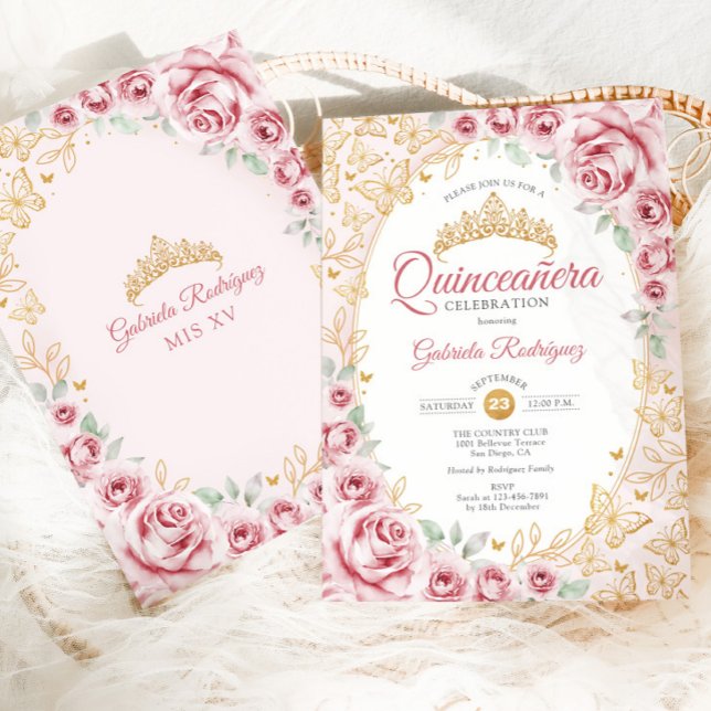Rosa Guld Blommig Quinceanera Inbjudningar (Skapare uppladdad)