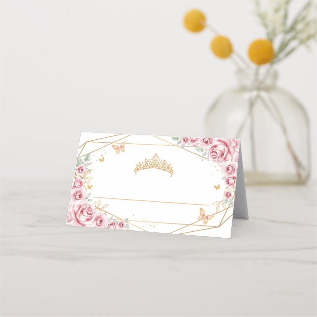 Rosa Guld Blommig Quinceanera Placeringskort (Framsida)
