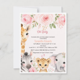 Rosa Guld Blommig Safari Djur Baby Shower Inbjudan
