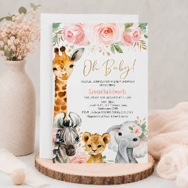 Rosa Guld Blommig Safari Djur Baby Shower Inbjudan