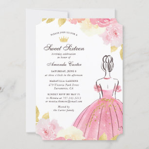 Rosa Guld Blommig Sweet Sixteen Inbjudningar