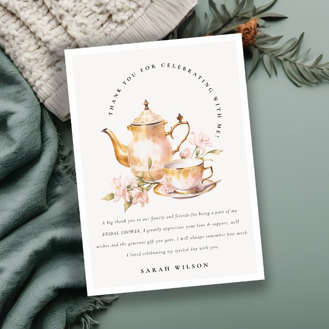Rosa guld blommig teservis Bröllopsdusch Tesalong  Tack Kort (Skapare uppladdad)