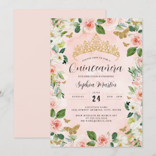 Rosa Guld Blommig Tiara Fjäril Quinceanera Inbjudningar