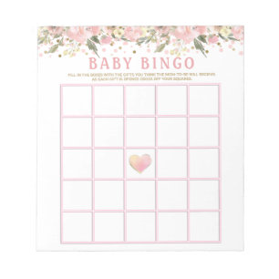 Rosa Guld Blommiga Baby Shower Bingo Spelkort Anteckningsblock