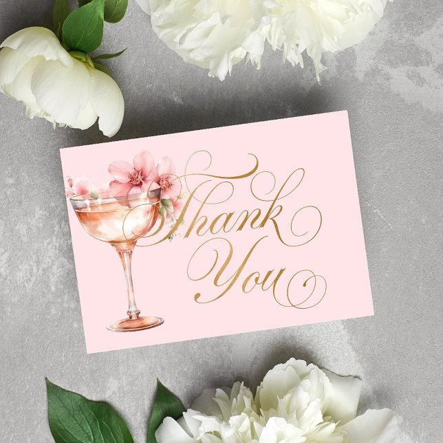 Rosa guld blommiga kronblad och Prosecco bröllopsd Tack Kort (Skapare uppladdad)
