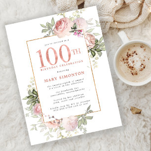 Rosa Guld Blommigt 100:e Födelsedagsfesten Inbjudan Vykort
