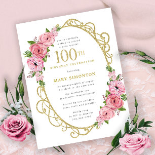 Rosa Guld Blommigt 100:e Födelsedagsfesten Inbjudan Vykort