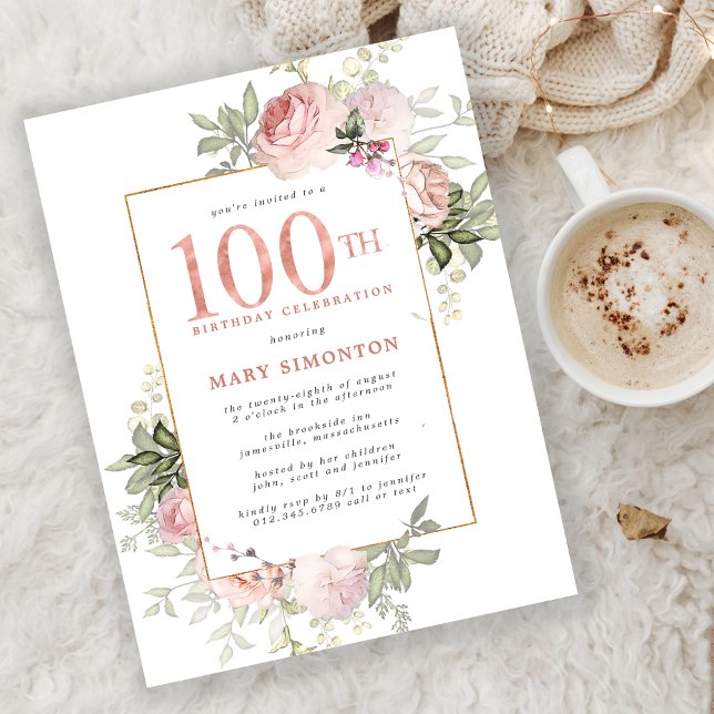  Rosa Guld Blommigt 100:e Födelsedagsfesten Inbjudan Vykort (Skapare uppladdad)