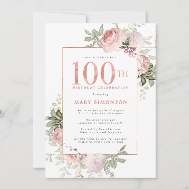  Rosa Guld Blommigt 100:e Födelsedagsfesten Inbjudningar (Framsida)