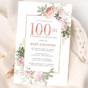 Rosa Guld Blommigt 100:e Födelsedagsfesten Inbjudningar