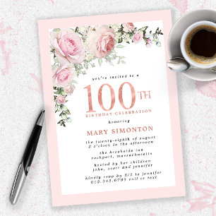 Rosa Guld Blommigt 100:e Födelsedagsfesten Inbjudningar