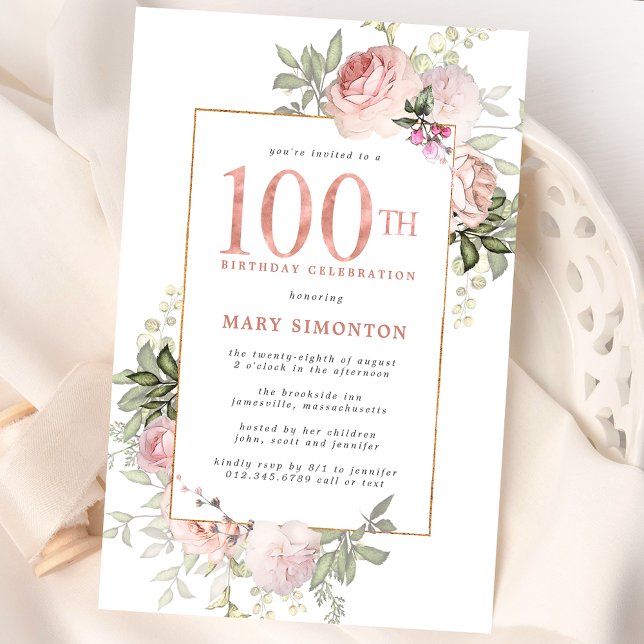  Rosa Guld Blommigt 100:e Födelsedagsfesten Inbjudningar (Skapare uppladdad)