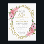 Rosa Guld Blommigt 60:e Inbjudan Vykort<br><div class="desc">Ät en speciell kvinna med denna elegant och feminin 60 Födelsedagsfest inbjudan. 60:e är skrivet i stor guld. Födelsedagsfirandet följer. Den hedervärde gästen namn ligger också i guld huvudstad brev. Återstoden av texten är mjukt grått. Information om födelsedagsfirandet omges av en chic guld ram som är dekorerad med rosa ros...</div>