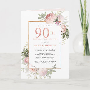 Rosa Guld Blommigt 90:e Födelsedagsfest Inbjudan