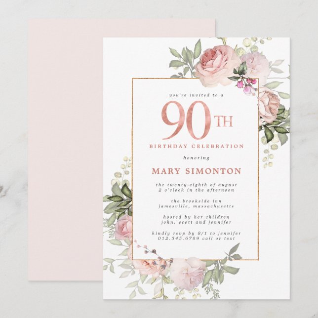  Rosa Guld Blommigt 90:e Födelsedagsfest Inbjudningar (Fram/baksida)