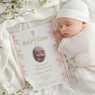 Rosa Guld Blommigt Anpassningsbar Fotodobaptism Inbjudningar