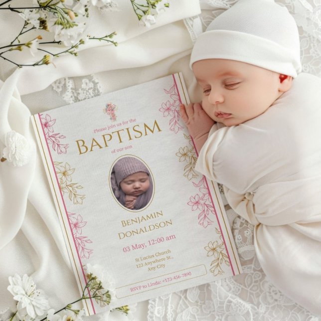 Rosa Guld Blommigt Anpassningsbar  Fotodobaptism Inbjudningar (Skapare uppladdad)