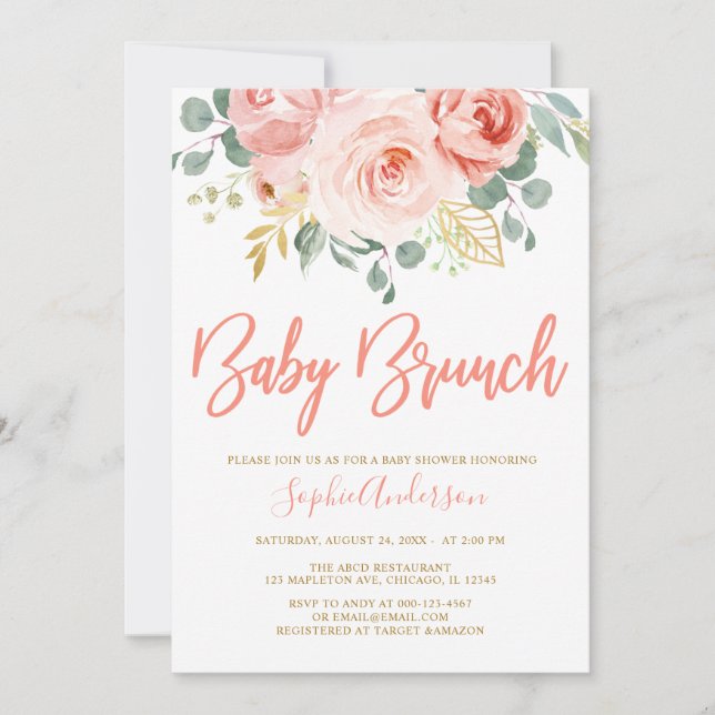  Rosa Guld Blommigt Baby Brunch Baby Shower Inbjudningar (Framsida)