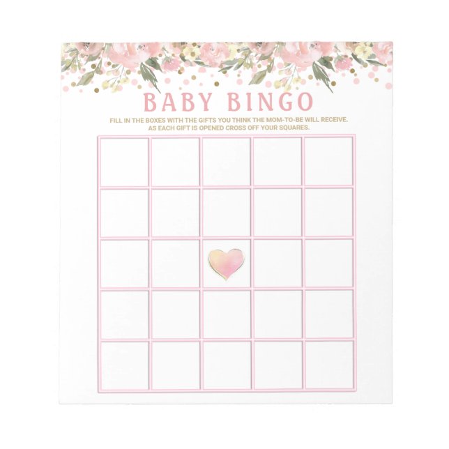 Rosa Guld Blommigt Baby Shower Bingo Game Cards Anteckningsblock (Framsida)