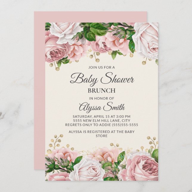  Rosa Guld Blommigt Baby Shower Brunch för   Inbjudningar (Fram/baksida)