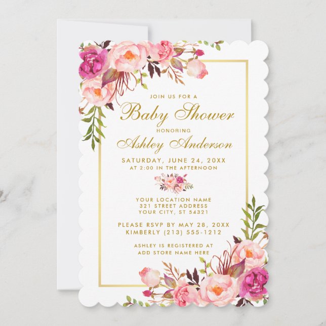 Rosa  Guld Blommigt Baby Shower-inbjudan S Inbjudningar (Framsida)