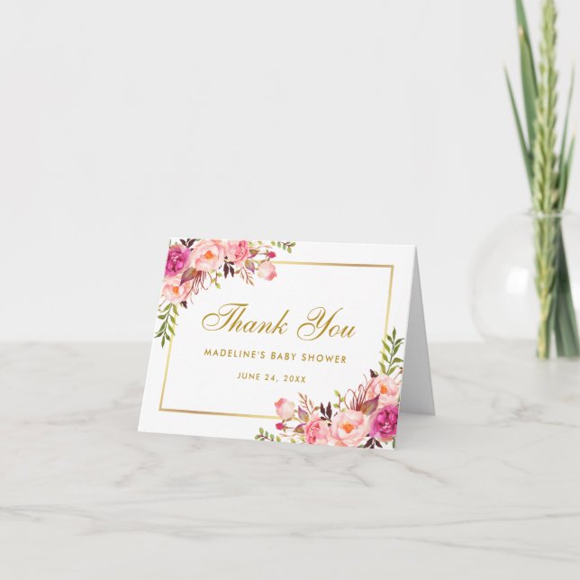 Rosa  Guld Blommigt Baby Shower Tack Kort (Framsida)