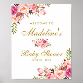 Rosa  Guld Blommigt Baby Shower Välkommen Poster