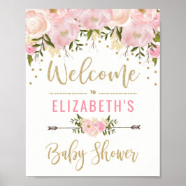 Rosa & Guld Blommigt Baby Shower Välkomstskyltsdek Poster